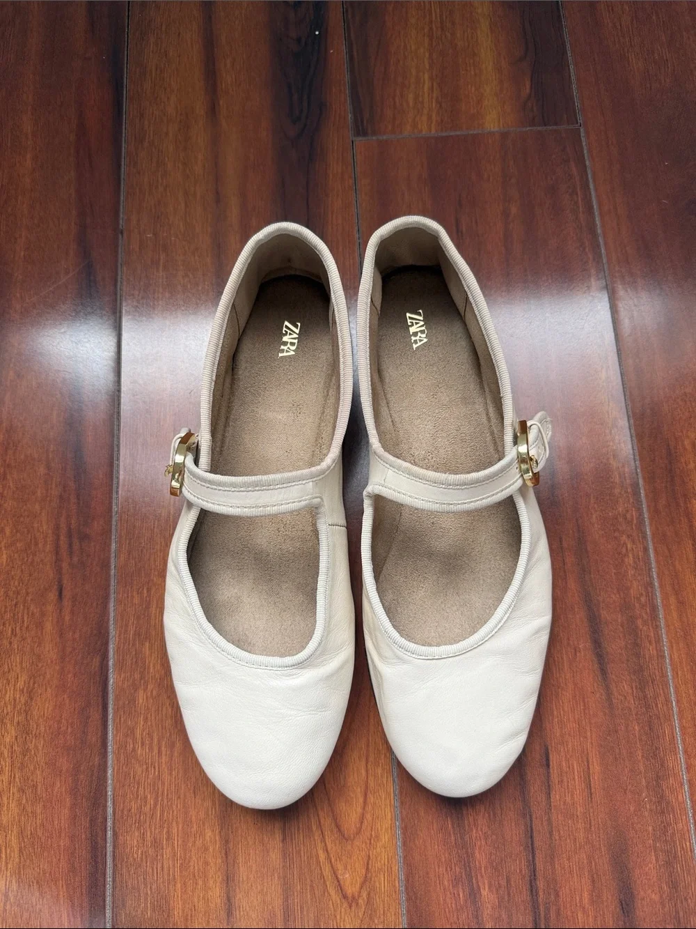 ZARA Cream Mary Jane Flats with Gold Buckle Detail leather